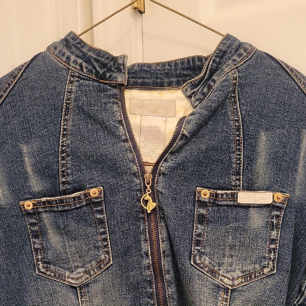 Baby Phat Distressed Blue Denim Jacket with Gold Zip Pull